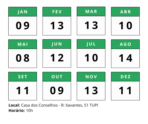 Calendário 2025 com as datas das reuniões ordinárias do CMDCA